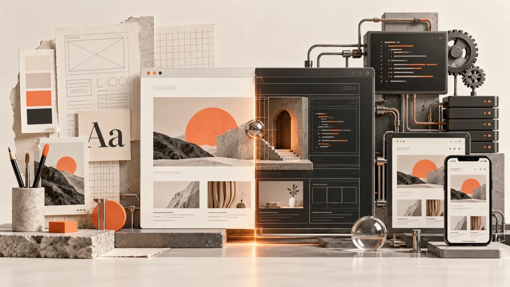 Comparison of website design wireframes and website development code