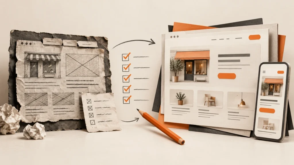 Website redesign checklist beside a laptop showing a business website