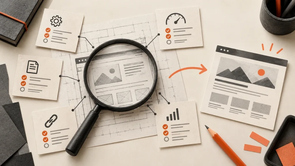 SEO audit report and website performance review on a computer screen
