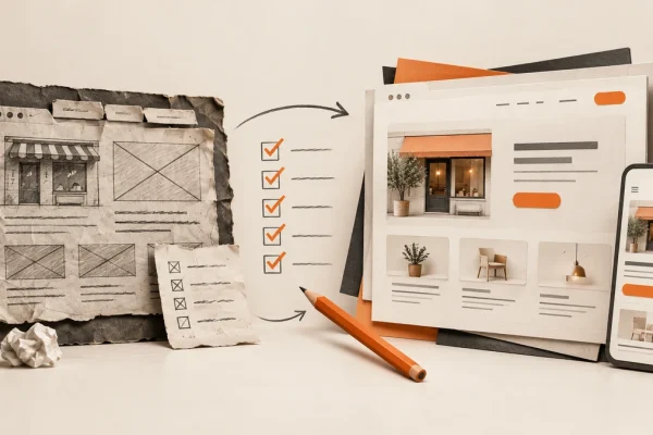 Website redesign checklist beside a laptop showing a business website